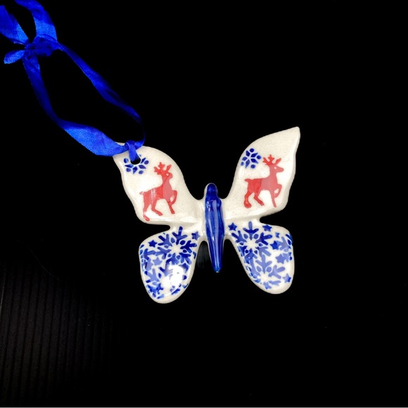 Polish Pottery Butterfly Holiday Christmas Ornament Prancing Reindeer Snowflakes - Picture 3 of 8